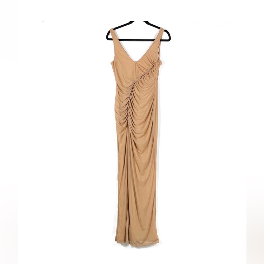 Michael Costello x Revolve tan ruched dress